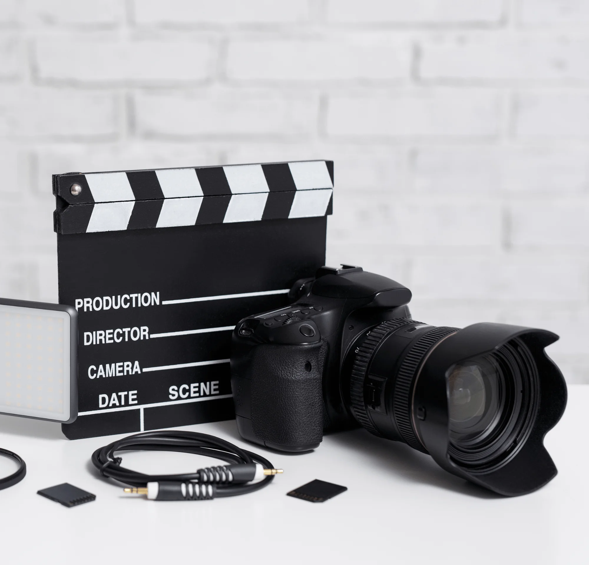 A camera and a director's clapboard used for Digital Publik's medical videography and photography.